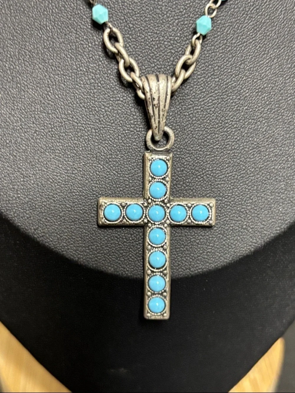Vintage Blue Silver Tone Beaded Chain Cross Necklace